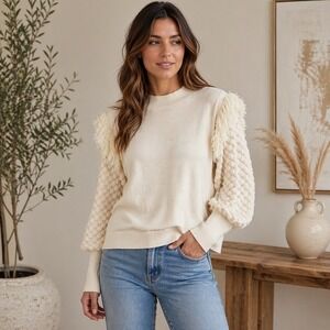 Dolan Left Coast Collection Sweater M Cream‎ Textured Bubble Sleeve Fringe Knit